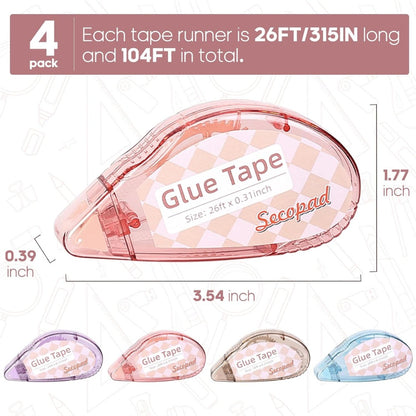 Secopad Scrapbook Glue Tape 4 Pack, 26ft Craft Adhesive Tape Runners, Light-Colored Shell