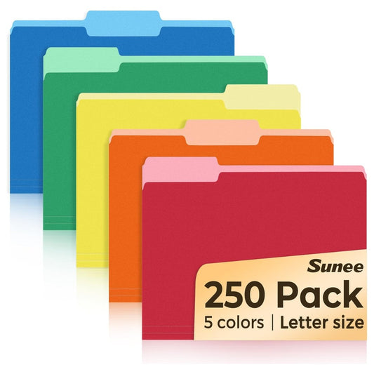 SUNEE Letter Size File Folders 250 Pack, Assorted Colors, 1/3-Cut Tabs, 8.5 x 11 Inch
